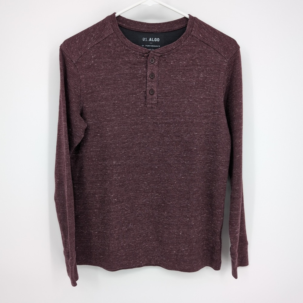 01.ALGO Henley Shirt Burgundy Waffle Knit Performance Long Sleeve Mens Size XS